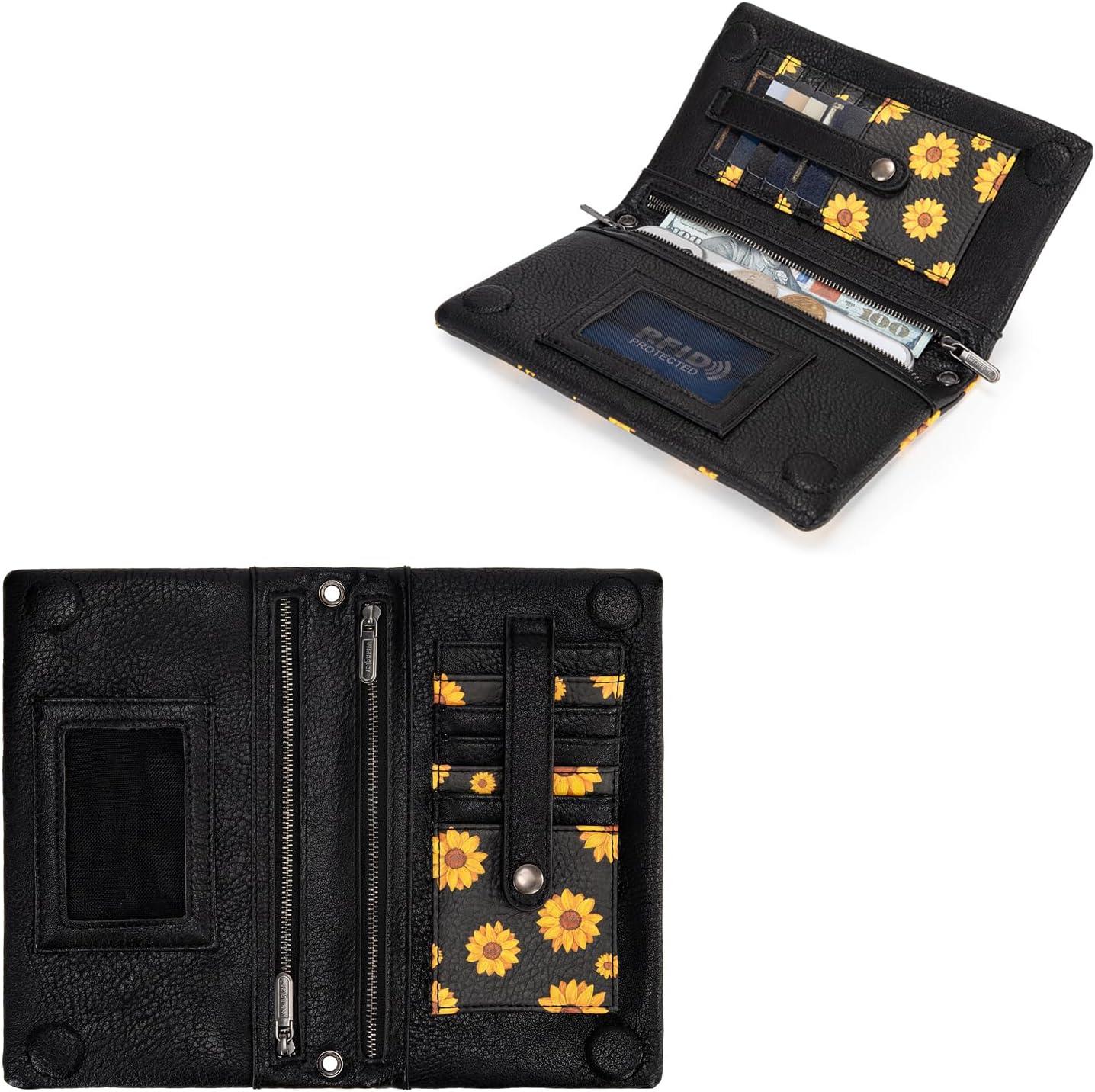 imageWrangler Crossbody Wallet Women Black Sunflower Daisy Wallets RFID Blocking Bifold Clutch Small Purse with Crossbody Strap WG17640011BKAablack