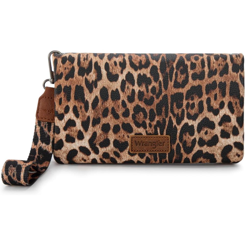 imageWrangler Crossbody Wallet Women Black Sunflower Daisy Wallets RFID Blocking Bifold Clutch Small Purse with Crossbody Strap WG17640011BKBleopard Brown