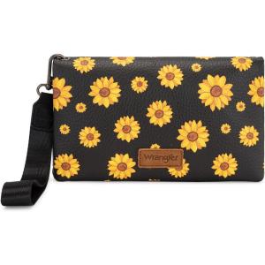 Wrangler Crossbody Wallet Women Black Sunflower Daisy Wallets RFID Blocking Bifold Clutch Small Purse with Crossbody Strap WG176-4001-1BK(Aa–black)
