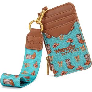 Montana West Wrangler Rodeo Icons Western Credit Card Holder Slim Womens Card Wallet with Keychain Wristlet Strap Coin Purse, Tan(Rodeo Icons-Turquoise)