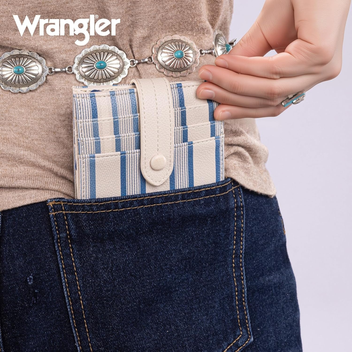 imageMontana West X Wrangler Wallet Small Womens Girls Flower Bifold Card Wallet With RFID Lining and Zipper Coin Pocket WG216W065DPPBeigeStriped
