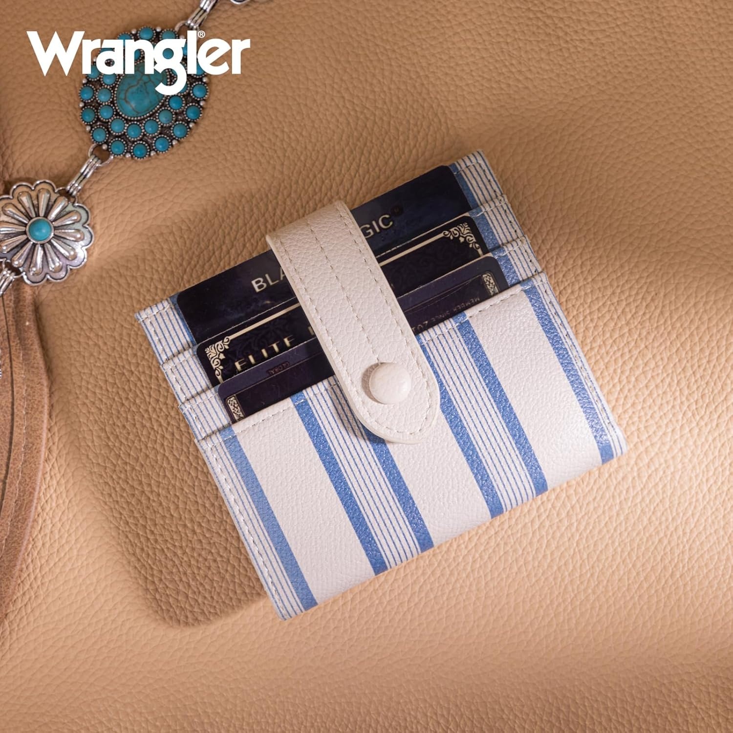 imageMontana West X Wrangler Wallet Small Womens Girls Flower Bifold Card Wallet With RFID Lining and Zipper Coin Pocket WG216W065DPPBeigeStriped