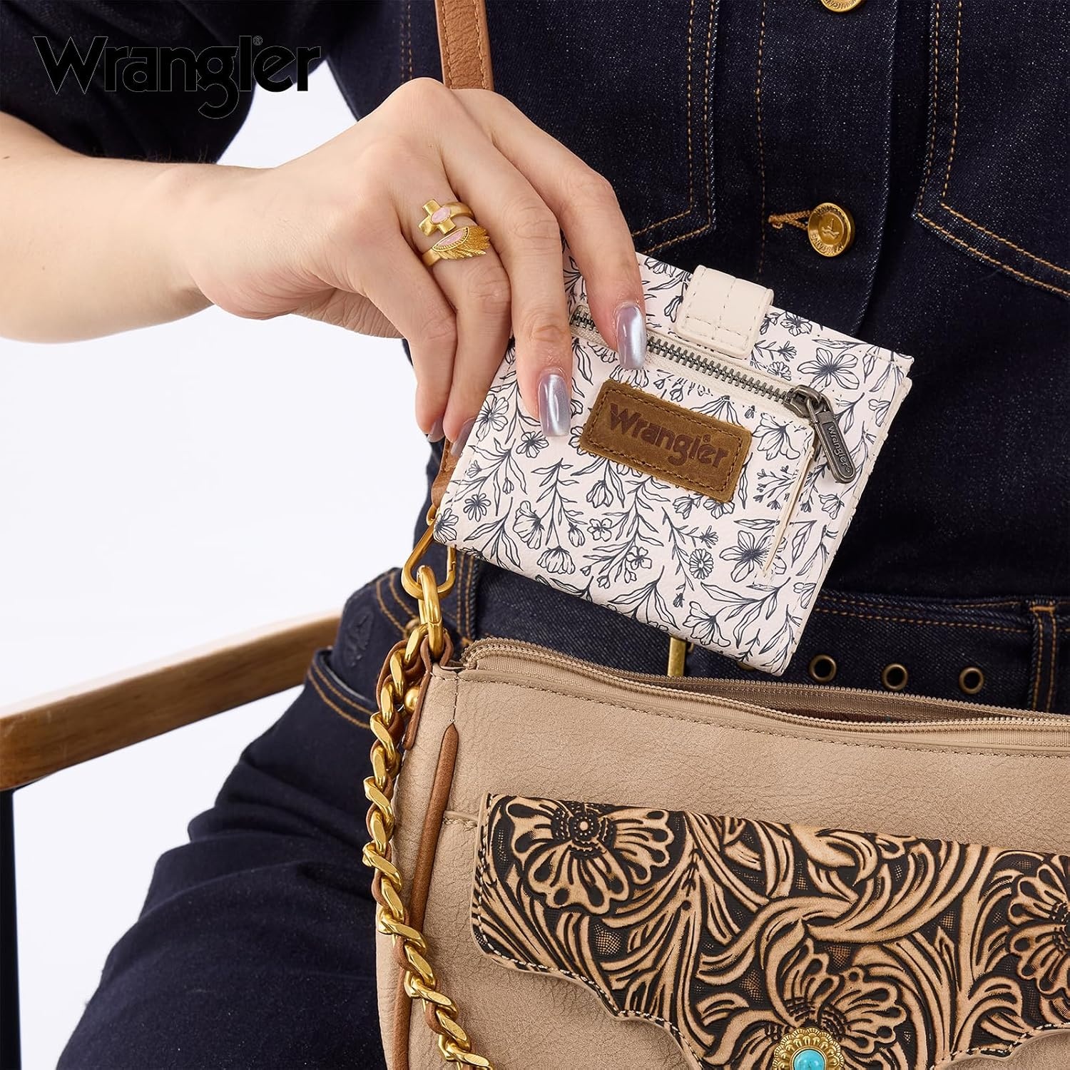 imageMontana West X Wrangler Wallet Small Womens Girls Flower Bifold Card Wallet With RFID Lining and Zipper Coin Pocket WG216W065DPPInk Sketch Bloom
