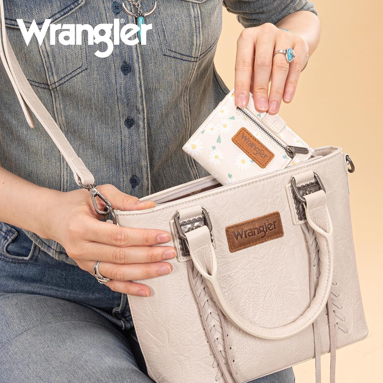 imageMontana West X Wrangler Wallet Small Womens Girls Flower Bifold Card Wallet With RFID Lining and Zipper Coin Pocket WG216W065DPPPure White Daisies