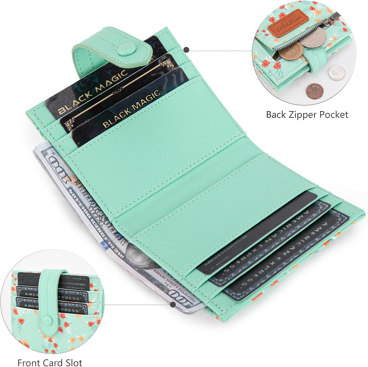 imageMontana West X Wrangler Wallet Small Womens Girls Flower Bifold Card Wallet With RFID Lining and Zipper Coin Pocket WG216W065DPPShadow of Mint Flowers