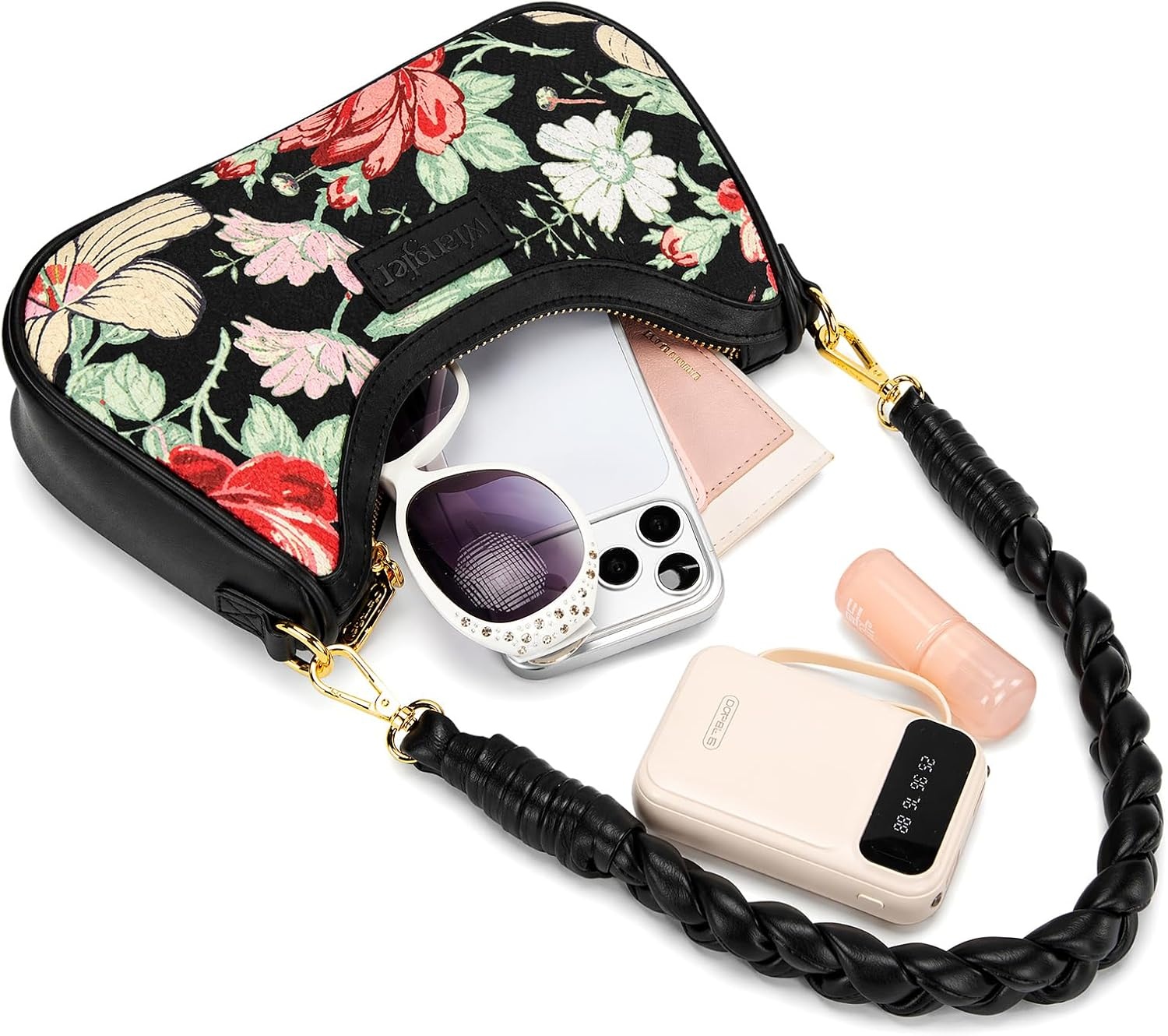 imageWrangler Vintage Floral Print Hobo Bag Braided Handle Shoulder Bag for WomenBlack