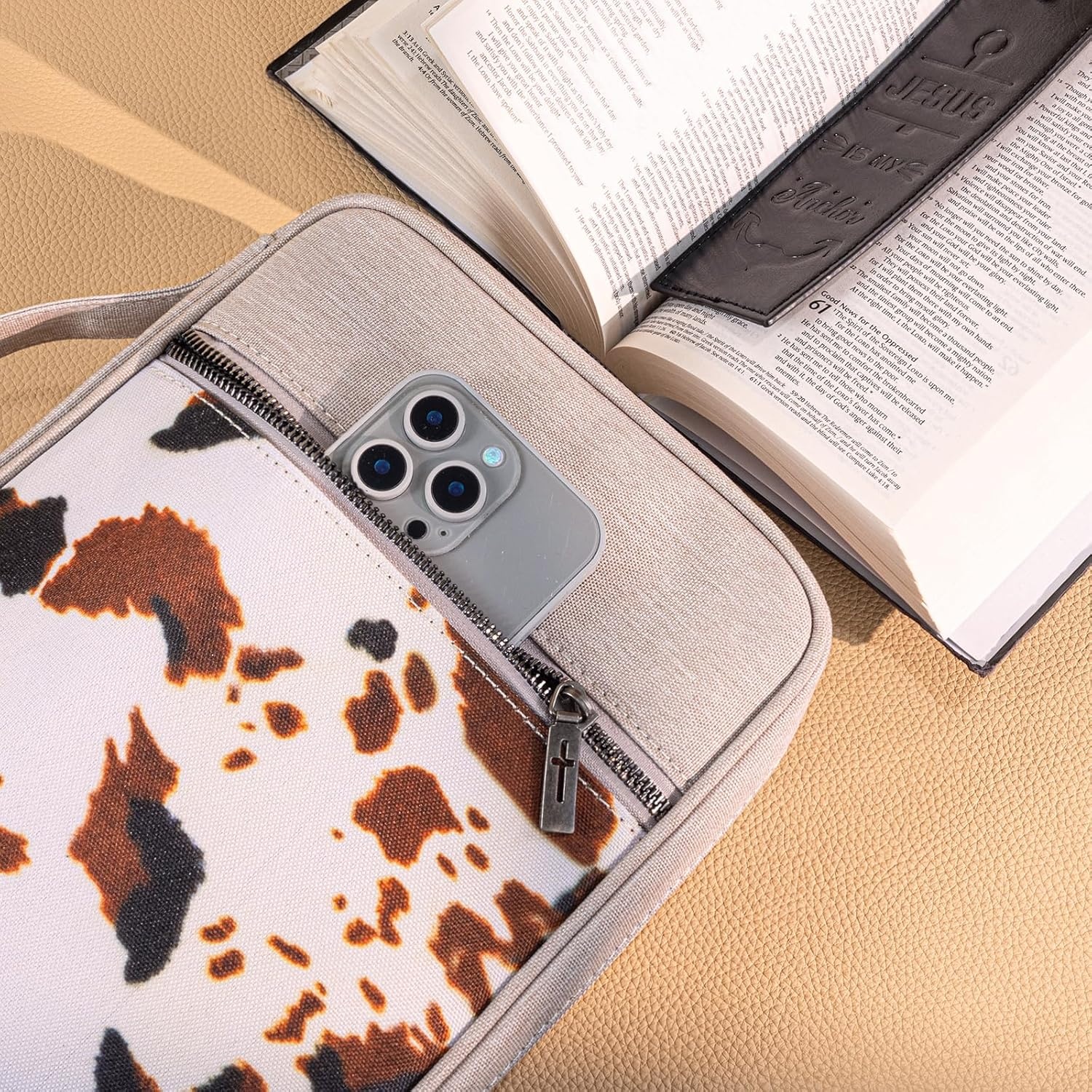image:imageMontana West Bible Cover for Women Men with Leather Bookmark Book Carrying Cases Church Bag for Outdoor ProtectiveCow Brown