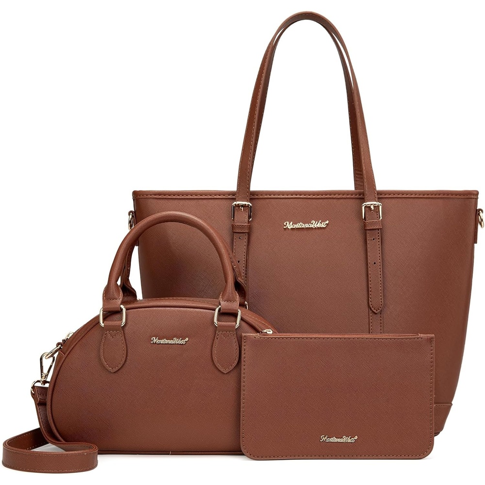 image:imageMontana West Purses for Women 3PCS Set Large Work Tote Bag with Crossbody Bag and WalletBrown