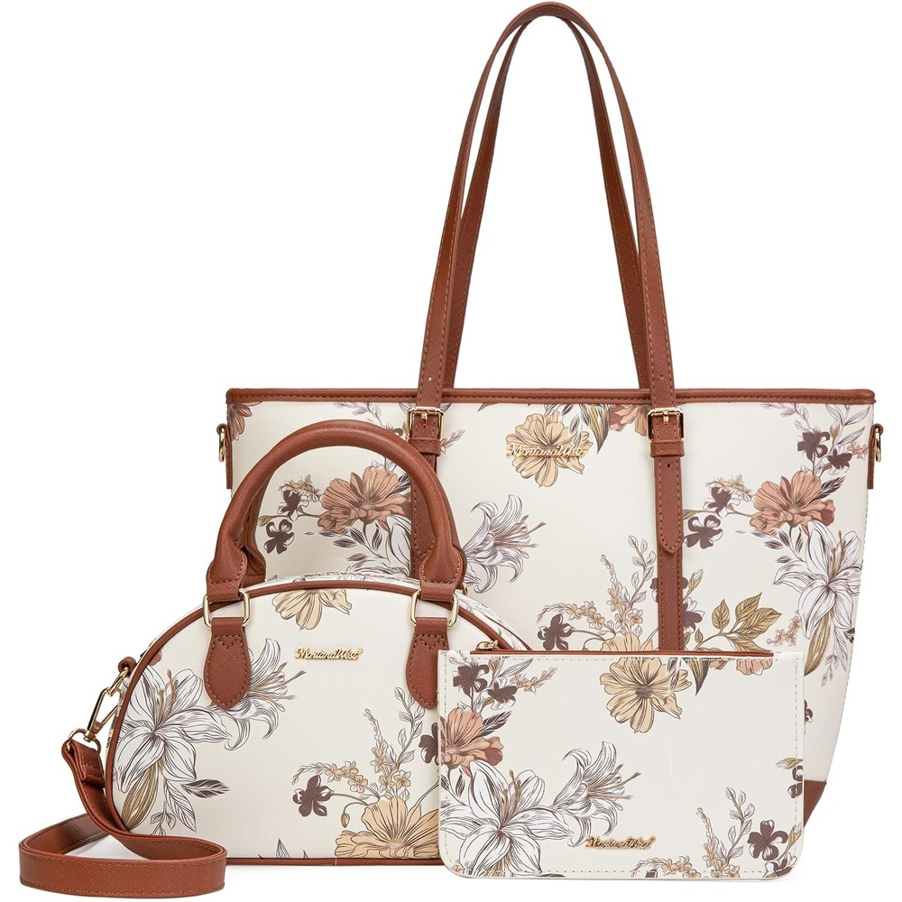 image:imageMontana West Purses for Women 3PCS Set Large Work Tote Bag with Crossbody Bag and WalletPrint Brown