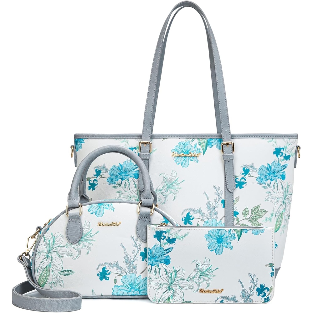 image:imageMontana West Purses for Women 3PCS Set Large Work Tote Bag with Crossbody Bag and WalletPrint Grey