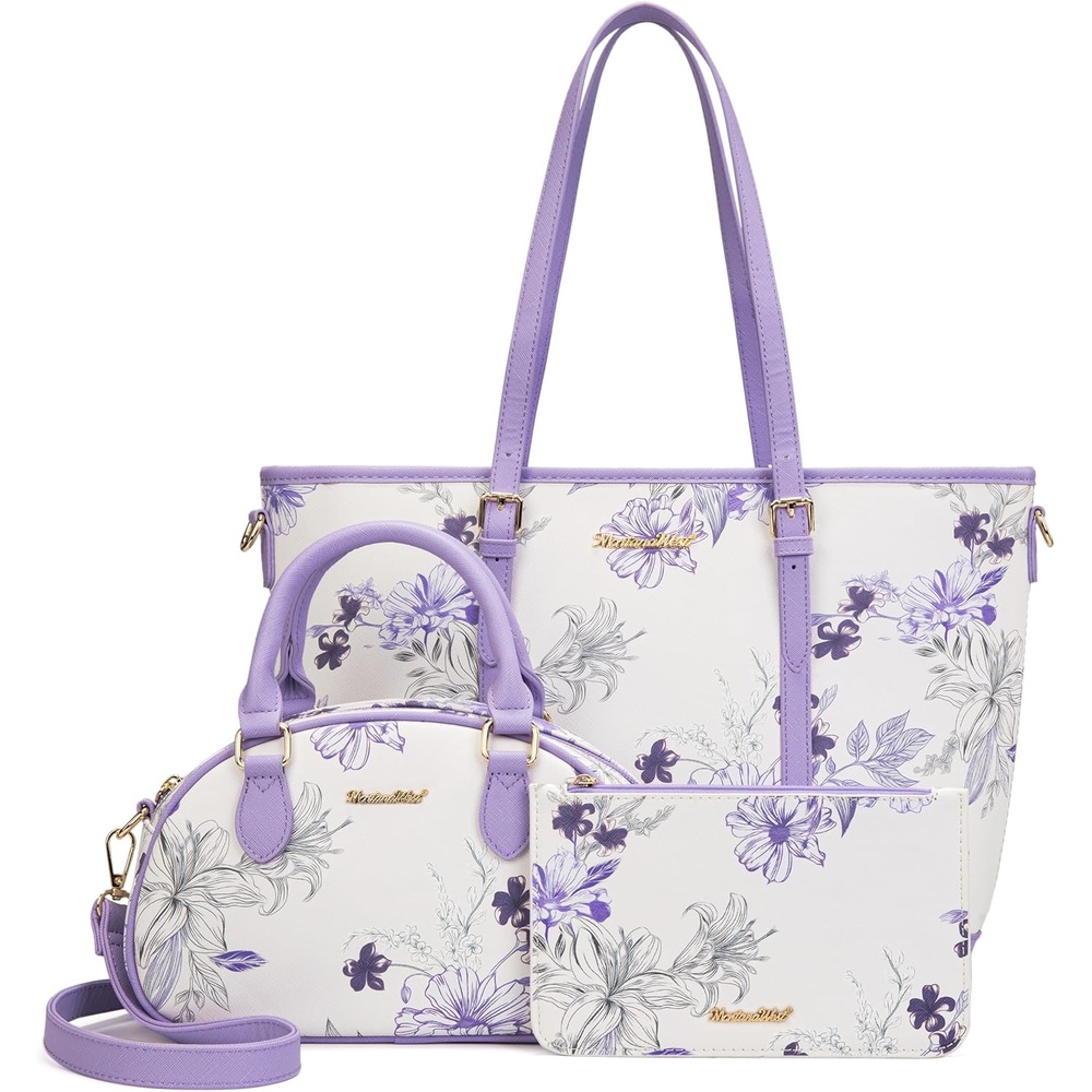 image:imageMontana West Purses for Women 3PCS Set Large Work Tote Bag with Crossbody Bag and WalletPrint Purple