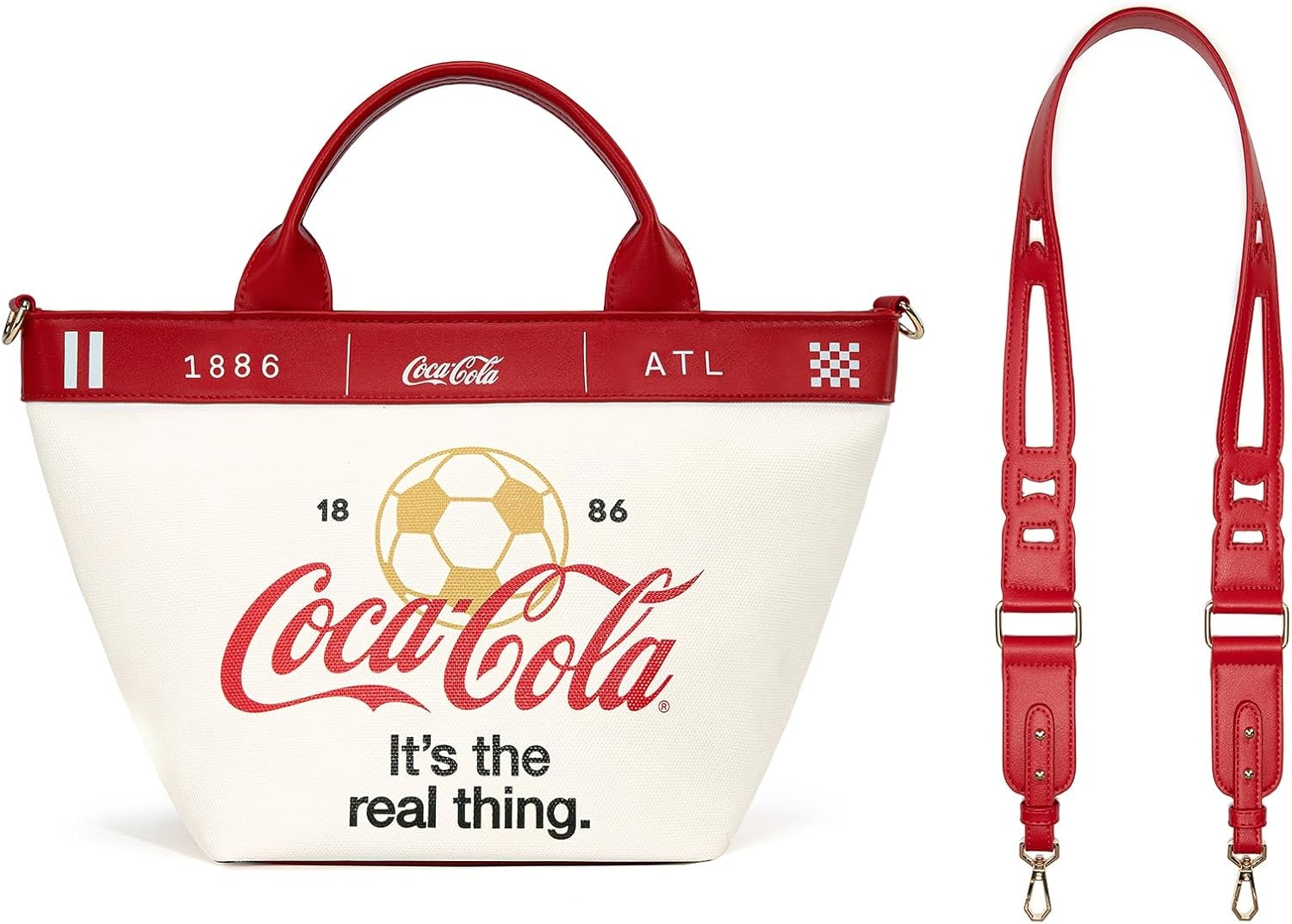 image:imageMontana West CocaCola Tote Bag for Women Soccer Style Hobo Bag Canvas Handbag with Detachable Crossbody StrapRedwhite