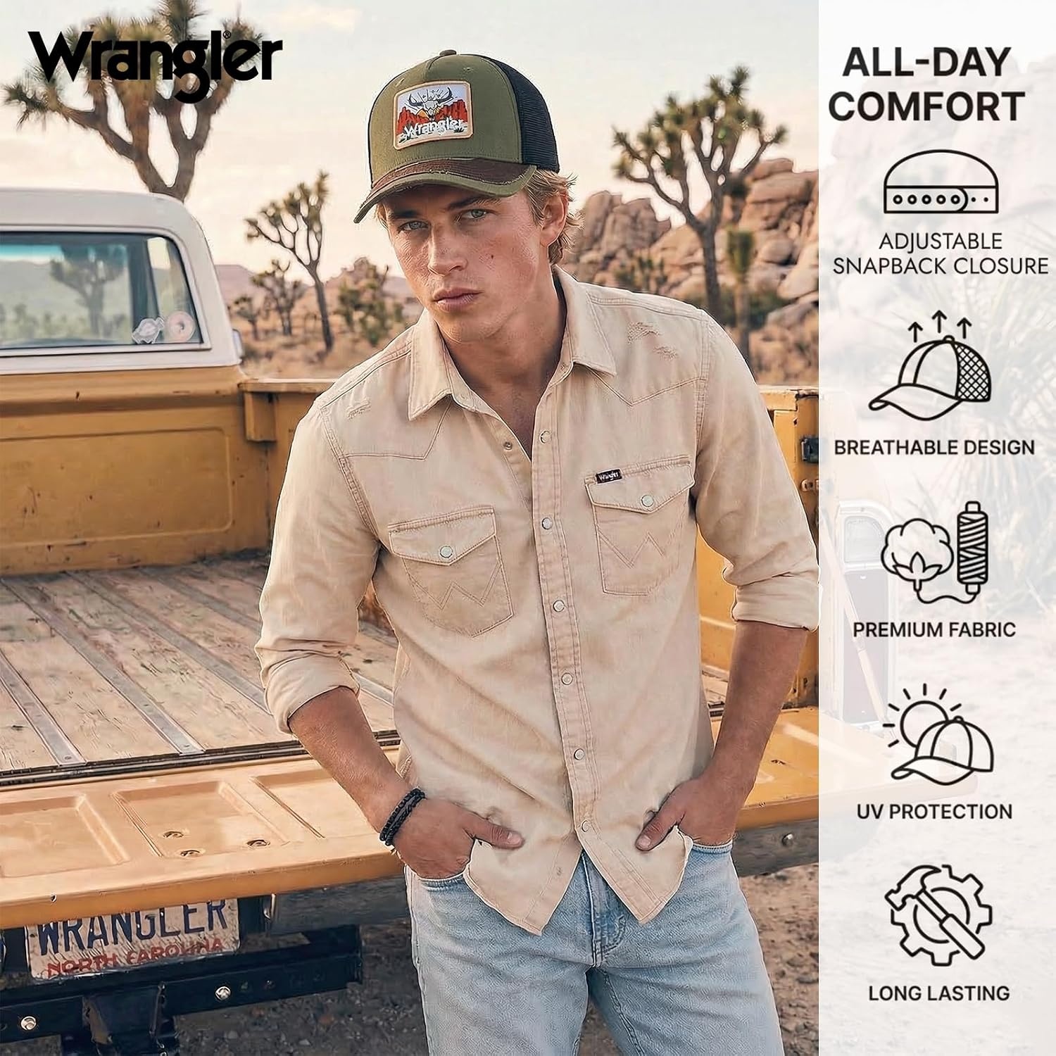 image:imageMontana West X Wrangler Mens Trucker Hat 2Piece Set Breathable Mesh Baseball Cap Structured 7Panel Adjustable Snapback HatBlackgreen