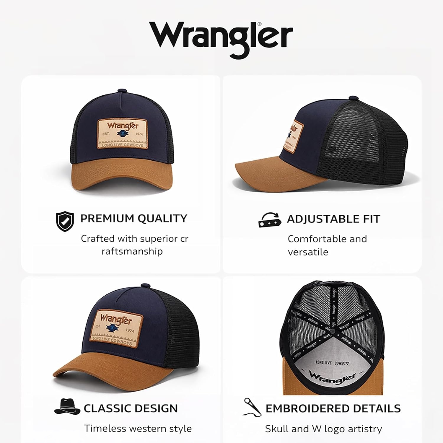 image:imageMontana West X Wrangler Mens Trucker Hat 2Piece Set Breathable Mesh Baseball Cap Structured 7Panel Adjustable Snapback HatBlacknavy