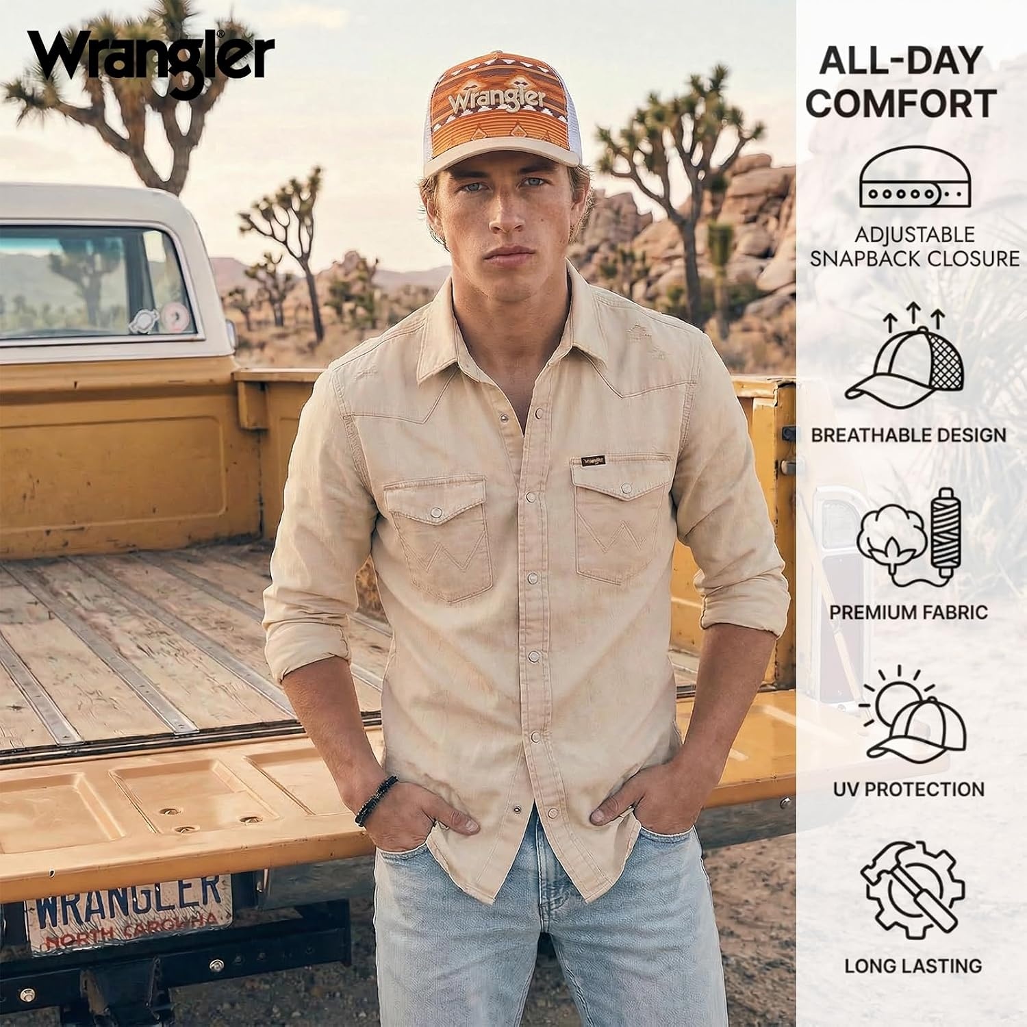 image:imageMontana West X Wrangler Mens Trucker Hat 2Piece Set Breathable Mesh Baseball Cap Structured 7Panel Adjustable Snapback HatBlacktan