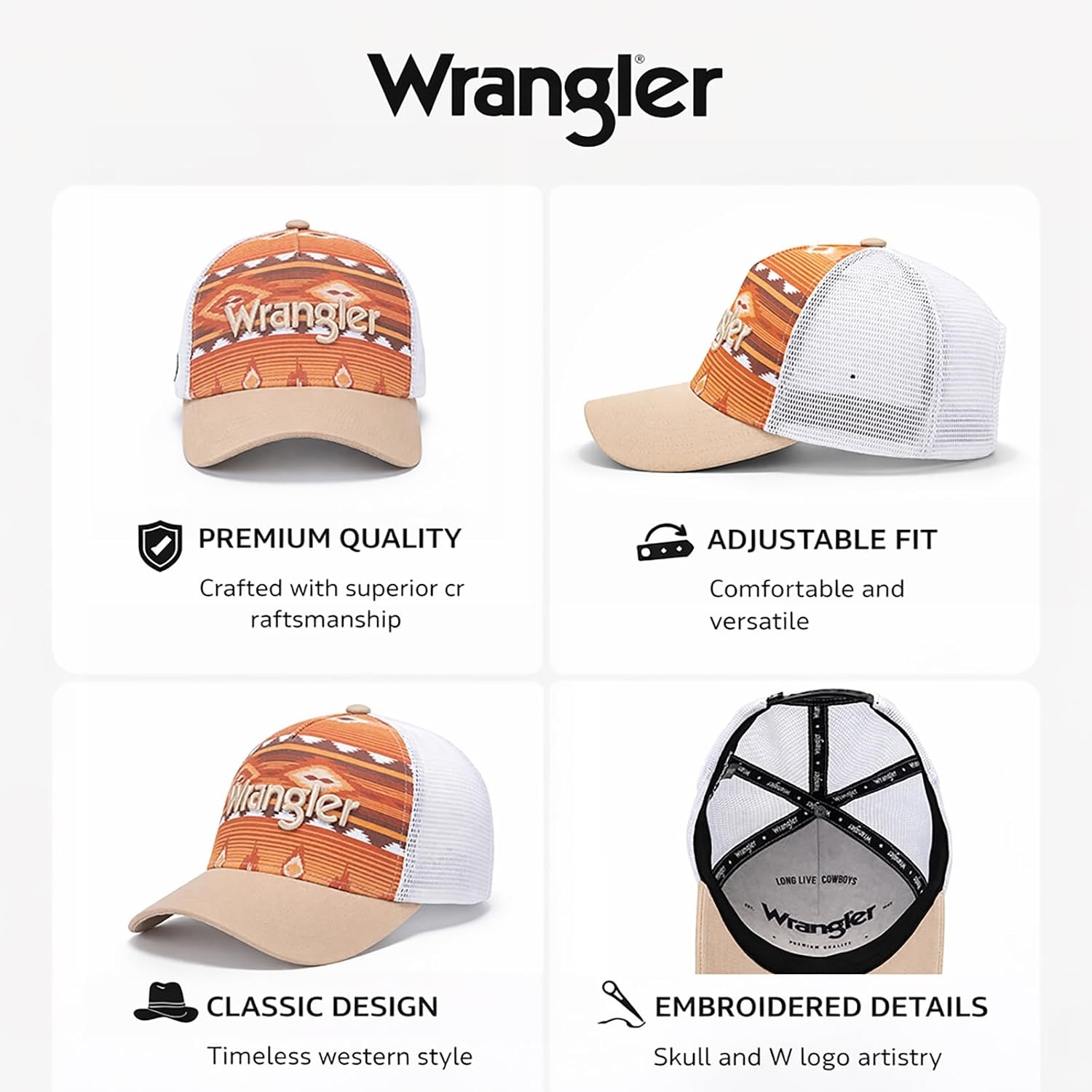 image:imageMontana West X Wrangler Mens Trucker Hat 2Piece Set Breathable Mesh Baseball Cap Structured 7Panel Adjustable Snapback HatBlacktan