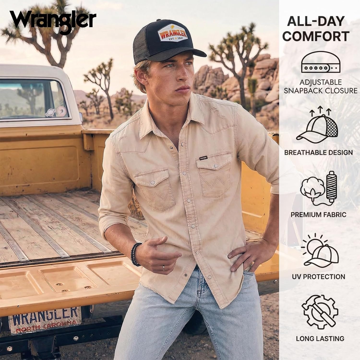 image:imageMontana West X Wrangler Mens Trucker Hat 2Piece Set Breathable Mesh Baseball Cap Structured 7Panel Adjustable Snapback HatBlackwhite
