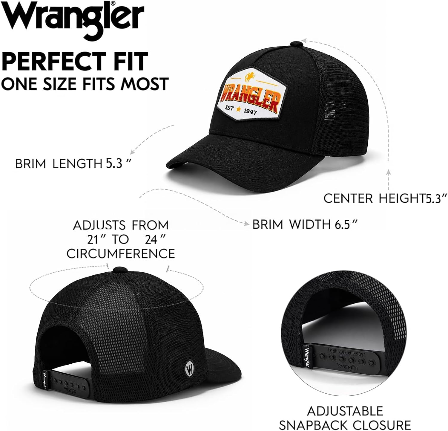 image:imageMontana West X Wrangler Mens Trucker Hat 2Piece Set Breathable Mesh Baseball Cap Structured 7Panel Adjustable Snapback HatBlackwhite