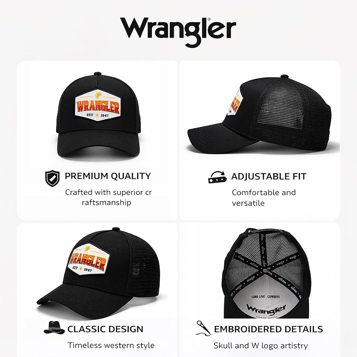 image:imageMontana West X Wrangler Mens Trucker Hat 2Piece Set Breathable Mesh Baseball Cap Structured 7Panel Adjustable Snapback HatBlackwhite