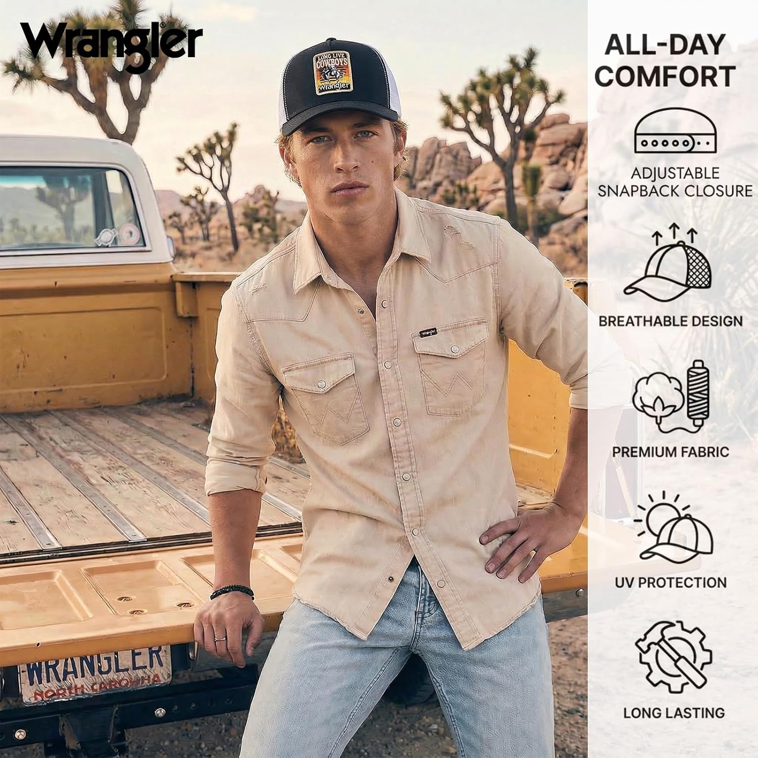 image:imageMontana West X Wrangler Mens Trucker Hat 2Piece Set Breathable Mesh Baseball Cap Structured 7Panel Adjustable Snapback HatBlackwhite1
