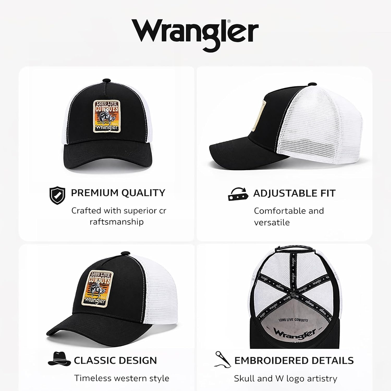 image:imageMontana West X Wrangler Mens Trucker Hat 2Piece Set Breathable Mesh Baseball Cap Structured 7Panel Adjustable Snapback HatBlackwhite1