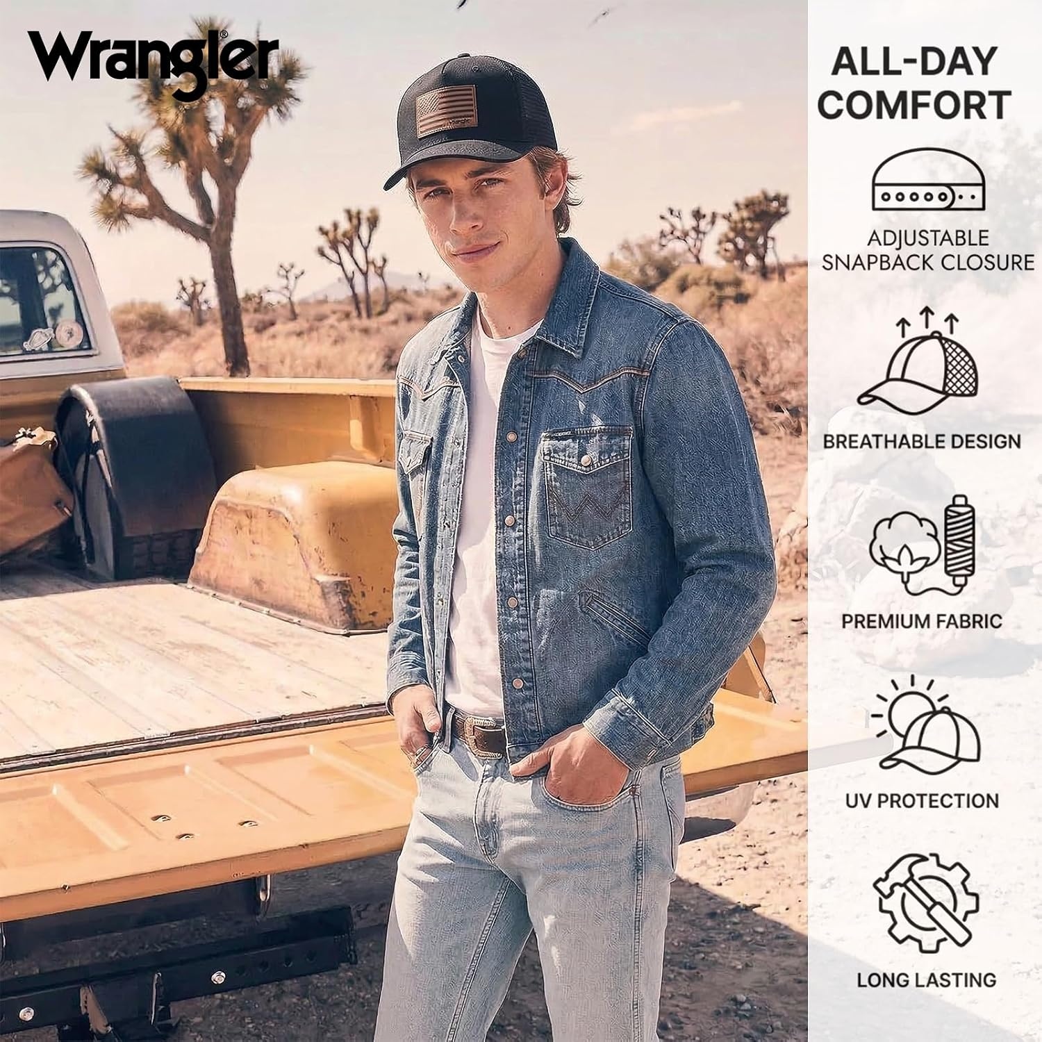 image:imageMontana West X Wrangler Mens Trucker Hat 2Piece Set Breathable Mesh Baseball Cap Structured 7Panel Adjustable Snapback HatBlackwhite2