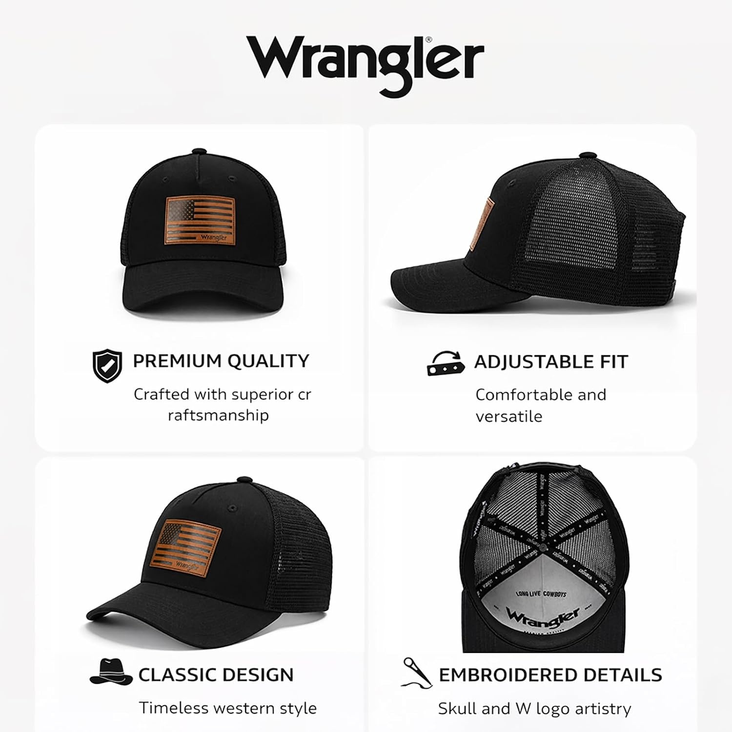 image:imageMontana West X Wrangler Mens Trucker Hat 2Piece Set Breathable Mesh Baseball Cap Structured 7Panel Adjustable Snapback HatBlackwhite2
