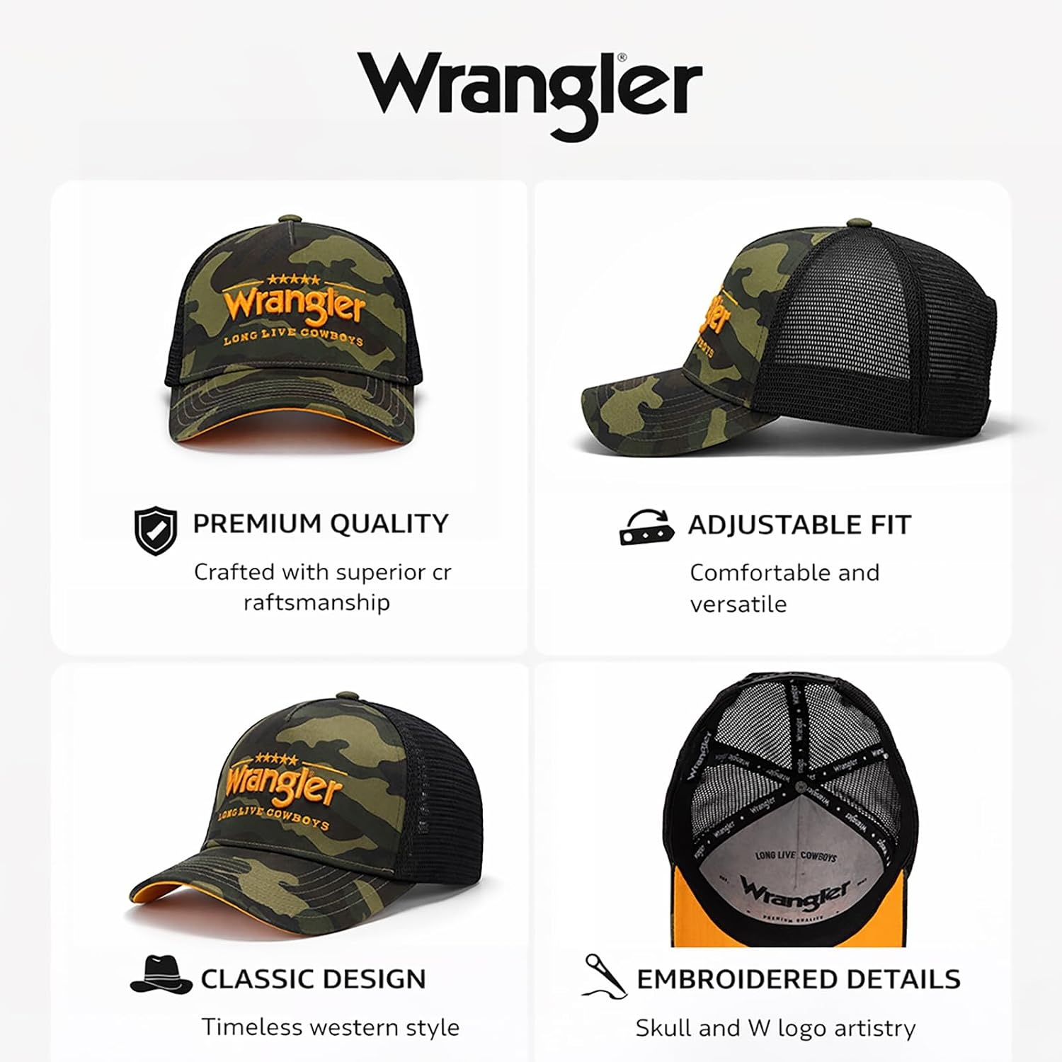 image:imageMontana West X Wrangler Mens Trucker Hat 2Piece Set Breathable Mesh Baseball Cap Structured 7Panel Adjustable Snapback HatGreen1black