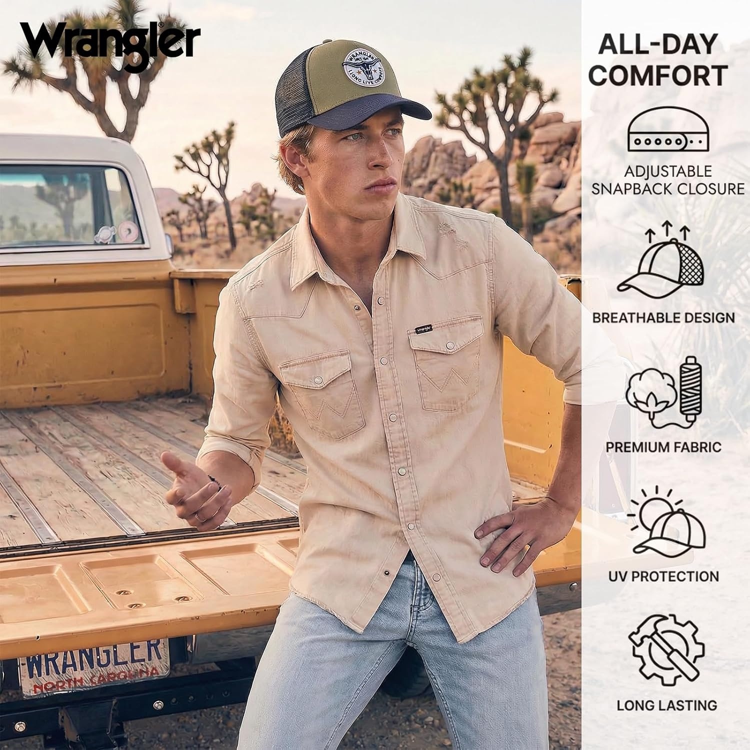 image:imageMontana West X Wrangler Mens Trucker Hat 2Piece Set Breathable Mesh Baseball Cap Structured 7Panel Adjustable Snapback HatGreenblack