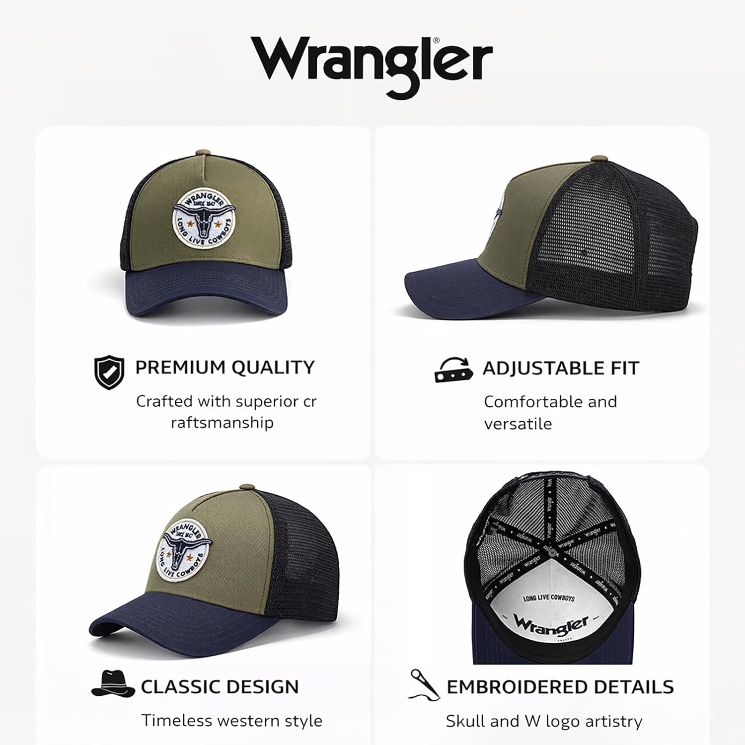 image:imageMontana West X Wrangler Mens Trucker Hat 2Piece Set Breathable Mesh Baseball Cap Structured 7Panel Adjustable Snapback HatGreenblack