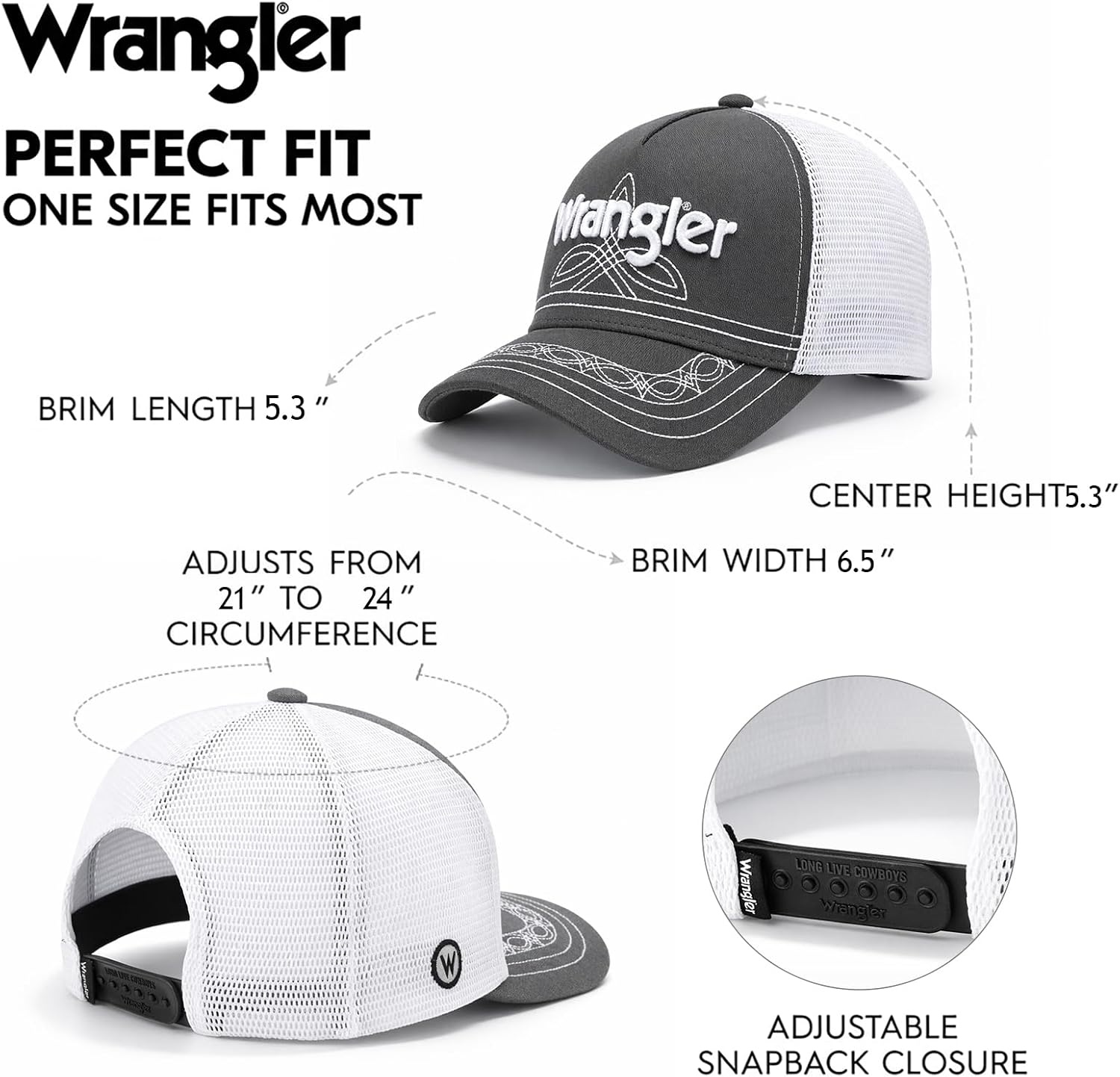 image:imageMontana West X Wrangler Mens Trucker Hat 2Piece Set Breathable Mesh Baseball Cap Structured 7Panel Adjustable Snapback HatGreywhite
