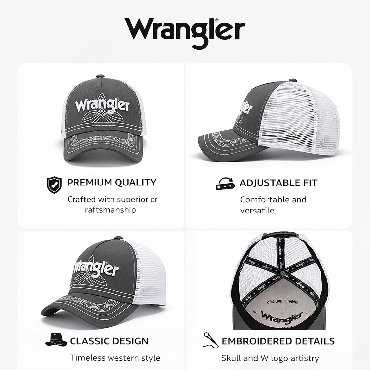 image:imageMontana West X Wrangler Mens Trucker Hat 2Piece Set Breathable Mesh Baseball Cap Structured 7Panel Adjustable Snapback HatGreywhite