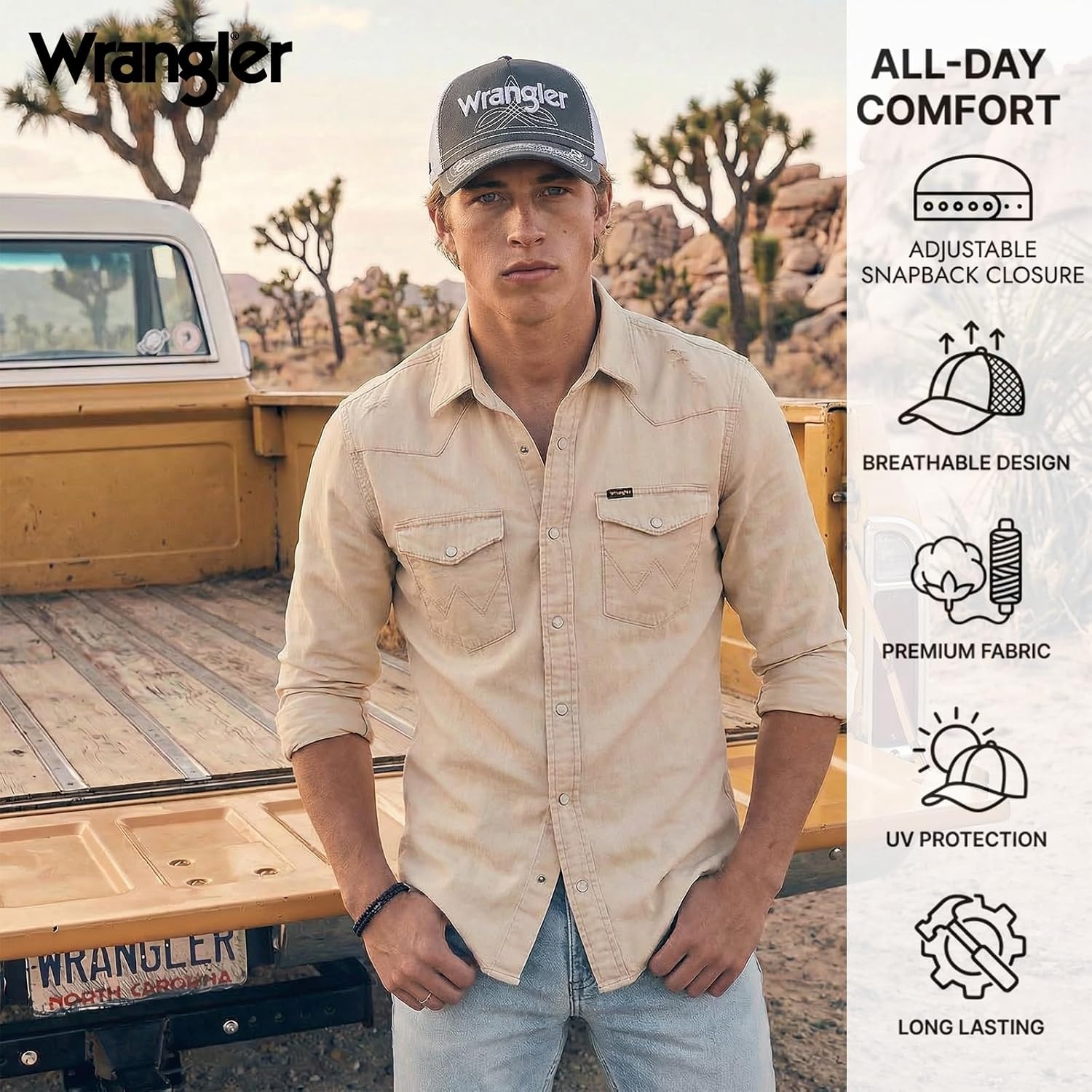 image:imageMontana West X Wrangler Mens Trucker Hat 2Piece Set Breathable Mesh Baseball Cap Structured 7Panel Adjustable Snapback HatGreywhite