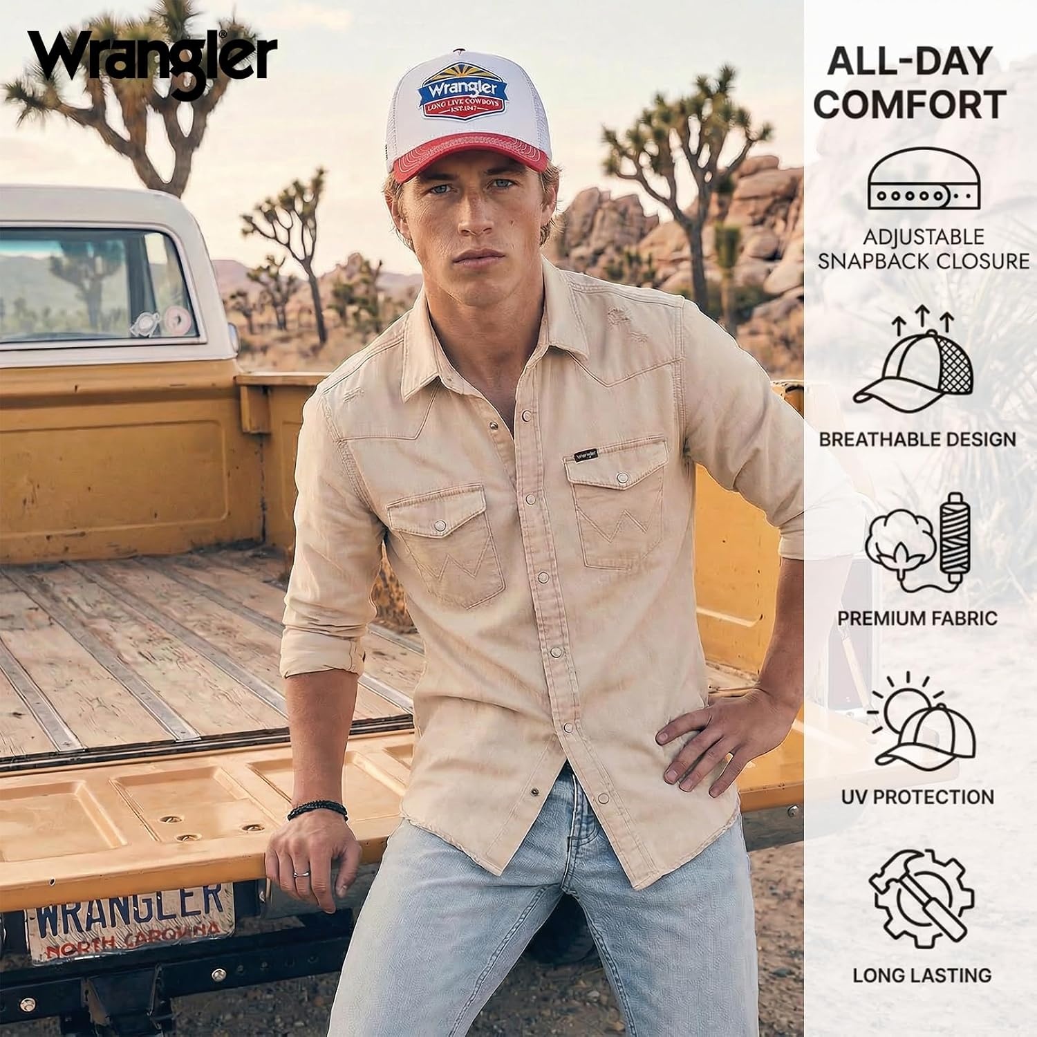 image:imageMontana West X Wrangler Mens Trucker Hat 2Piece Set Breathable Mesh Baseball Cap Structured 7Panel Adjustable Snapback HatWhiteblack