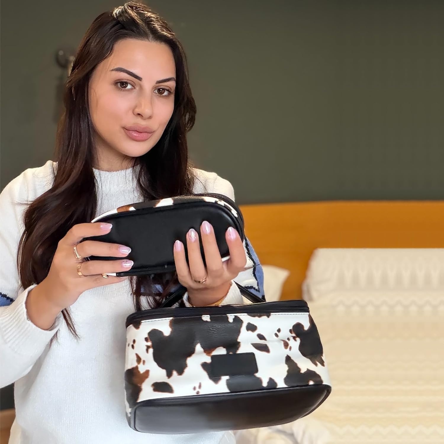 image:imageMontana West X Wrangler Travel Makeup Bag 2pcs Set Large Cosmetic Bag with Makeup Brush Holder Portable Make Up Organizer Cute Toiletry Bag with Divider and Handle for WomenCowBrown