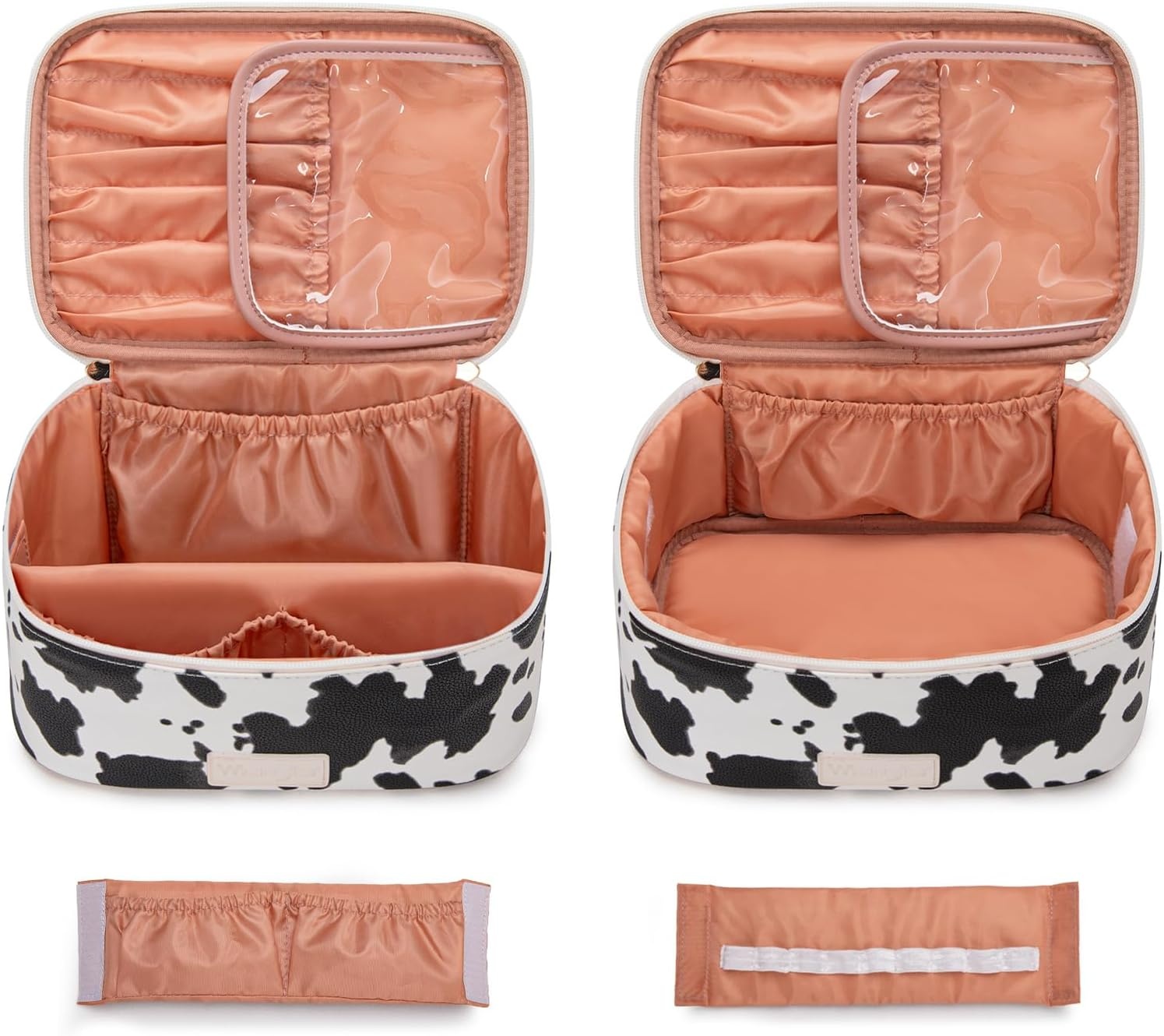 image:imageMontana West X Wrangler Travel Makeup Bag 2pcs Set Large Cosmetic Bag with Makeup Brush Holder Portable Make Up Organizer Cute Toiletry Bag with Divider and Handle for WomenCowBlack