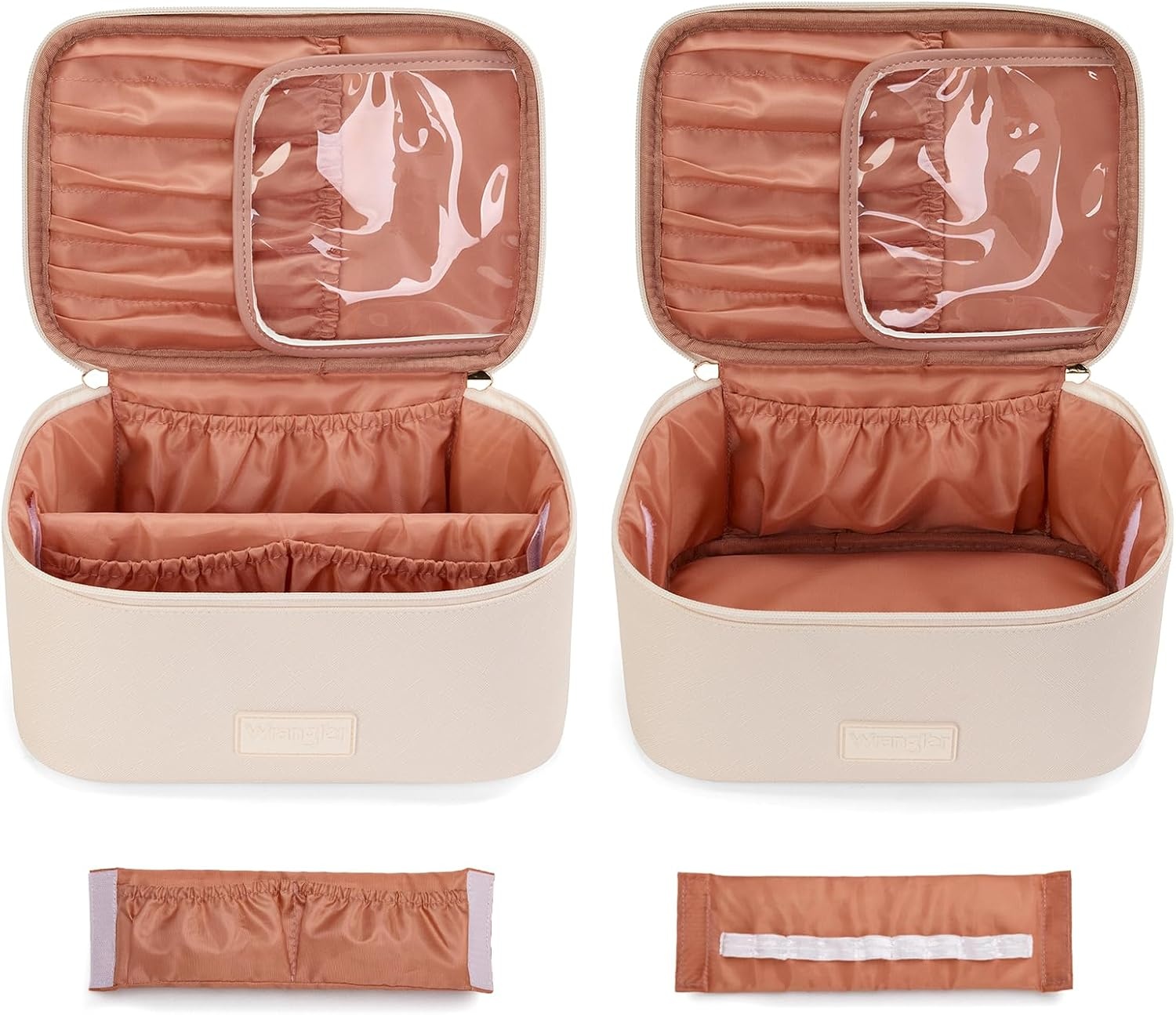 image:imageMontana West X Wrangler Travel Makeup Bag 2pcs Set Large Cosmetic Bag with Makeup Brush Holder Portable Make Up Organizer Cute Toiletry Bag with Divider and Handle for WomenSolid Beige
