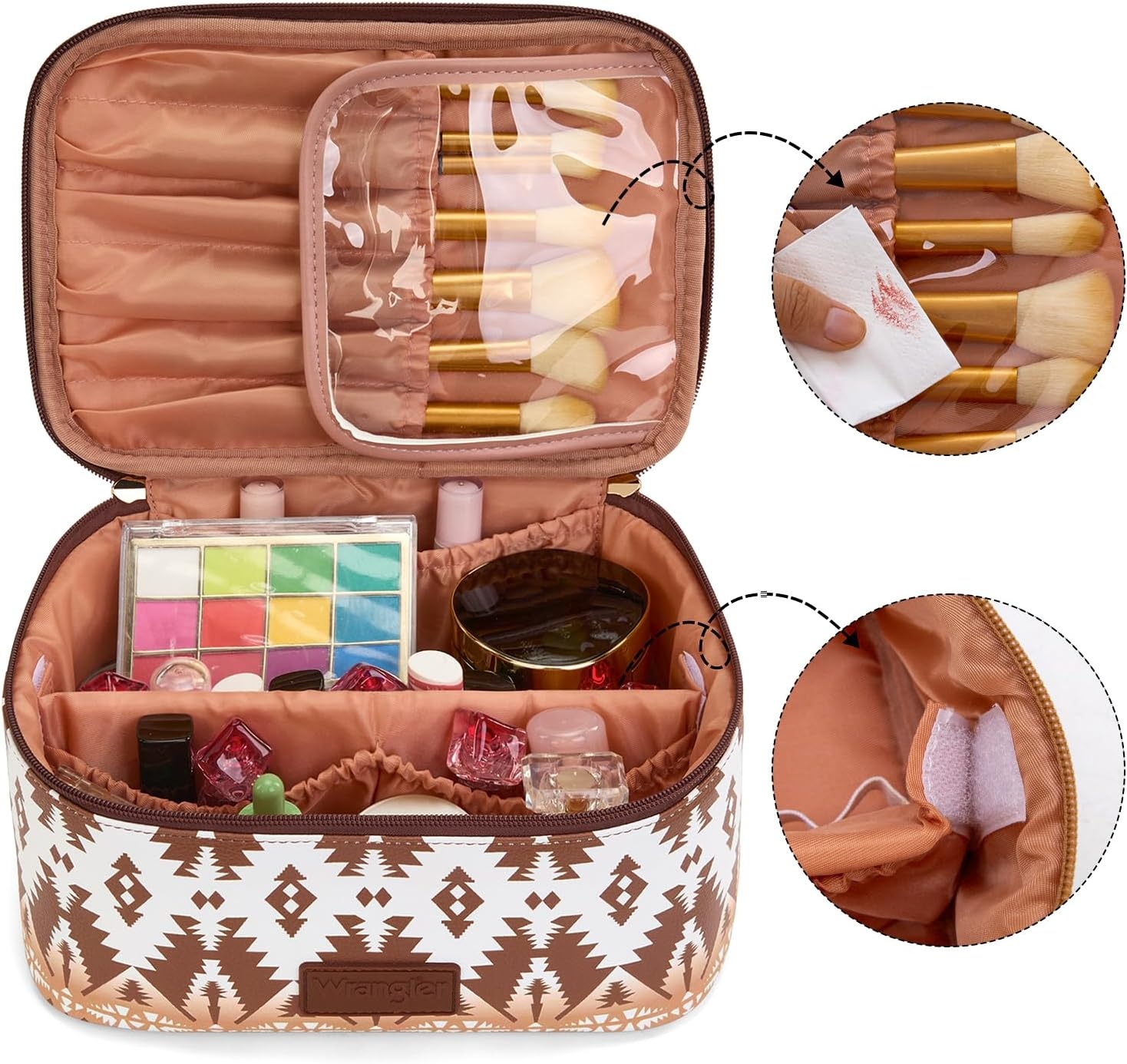 image:imageMontana West X Wrangler Travel Makeup Bag 2pcs Set Large Cosmetic Bag with Makeup Brush Holder Portable Make Up Organizer Cute Toiletry Bag with Divider and Handle for WomenAztecCoffee
