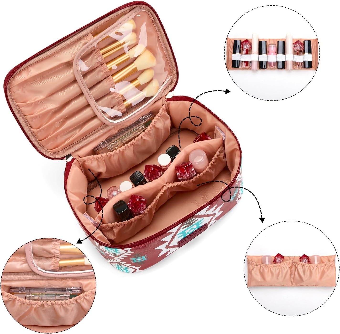 image:imageMontana West X Wrangler Travel Makeup Bag 2pcs Set Large Cosmetic Bag with Makeup Brush Holder Portable Make Up Organizer Cute Toiletry Bag with Divider and Handle for WomenAztecRed