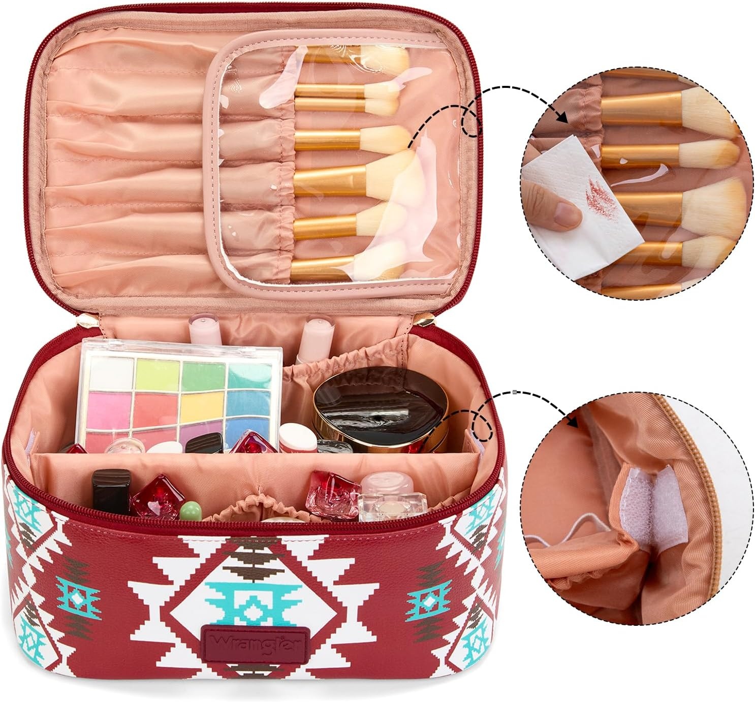 image:imageMontana West X Wrangler Travel Makeup Bag 2pcs Set Large Cosmetic Bag with Makeup Brush Holder Portable Make Up Organizer Cute Toiletry Bag with Divider and Handle for WomenAztecRed