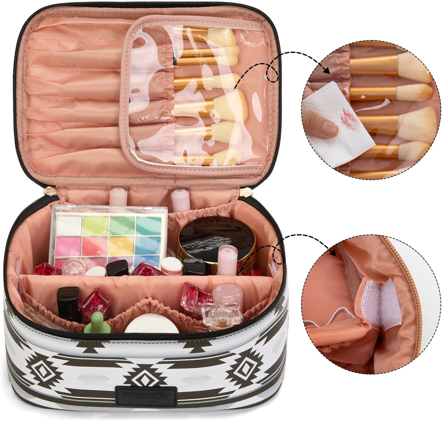 image:imageMontana West X Wrangler Travel Makeup Bag 2pcs Set Large Cosmetic Bag with Makeup Brush Holder Portable Make Up Organizer Cute Toiletry Bag with Divider and Handle for WomenAztecBlack