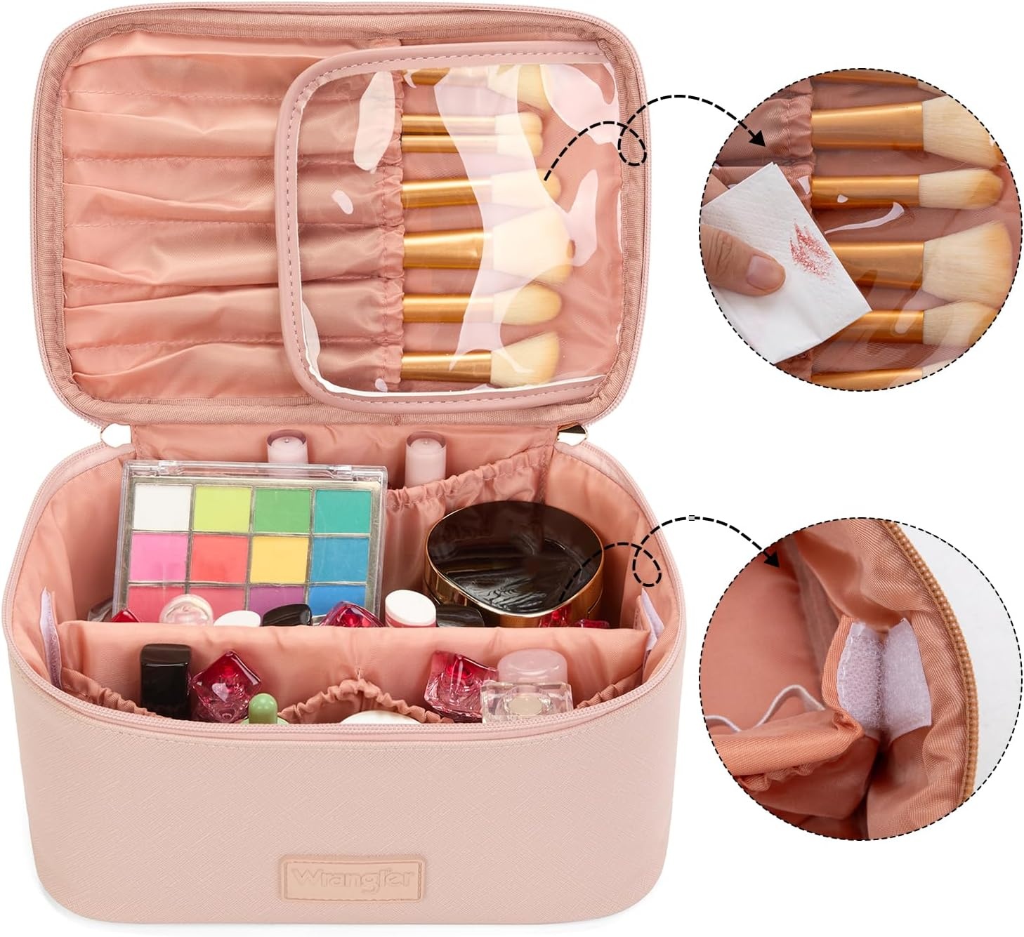 image:imageMontana West X Wrangler Travel Makeup Bag 2pcs Set Large Cosmetic Bag with Makeup Brush Holder Portable Make Up Organizer Cute Toiletry Bag with Divider and Handle for WomenLight Pink