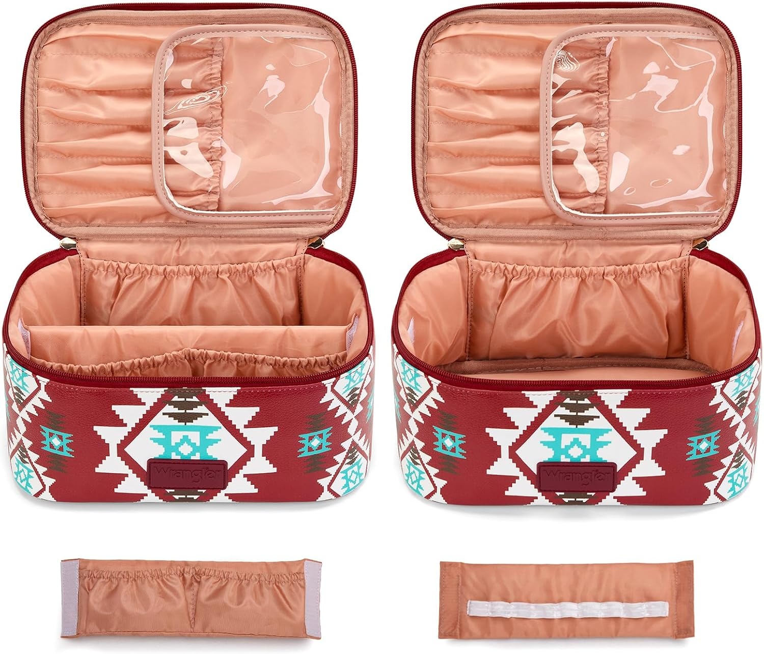 image:imageMontana West X Wrangler Travel Makeup Bag 2pcs Set Large Cosmetic Bag with Makeup Brush Holder Portable Make Up Organizer Cute Toiletry Bag with Divider and Handle for WomenAztecRed