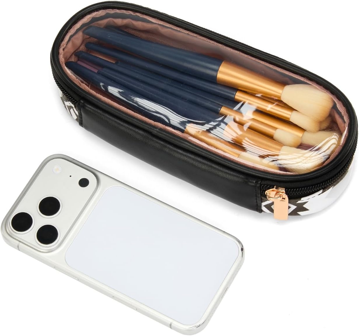 image:imageMontana West X Wrangler Travel Makeup Bag 2pcs Set Large Cosmetic Bag with Makeup Brush Holder Portable Make Up Organizer Cute Toiletry Bag with Divider and Handle for WomenAztecBlack