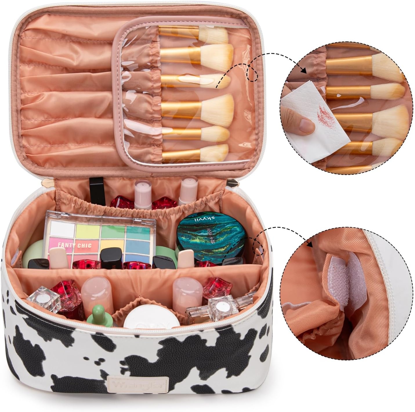 image:imageMontana West X Wrangler Travel Makeup Bag 2pcs Set Large Cosmetic Bag with Makeup Brush Holder Portable Make Up Organizer Cute Toiletry Bag with Divider and Handle for WomenCowBlack