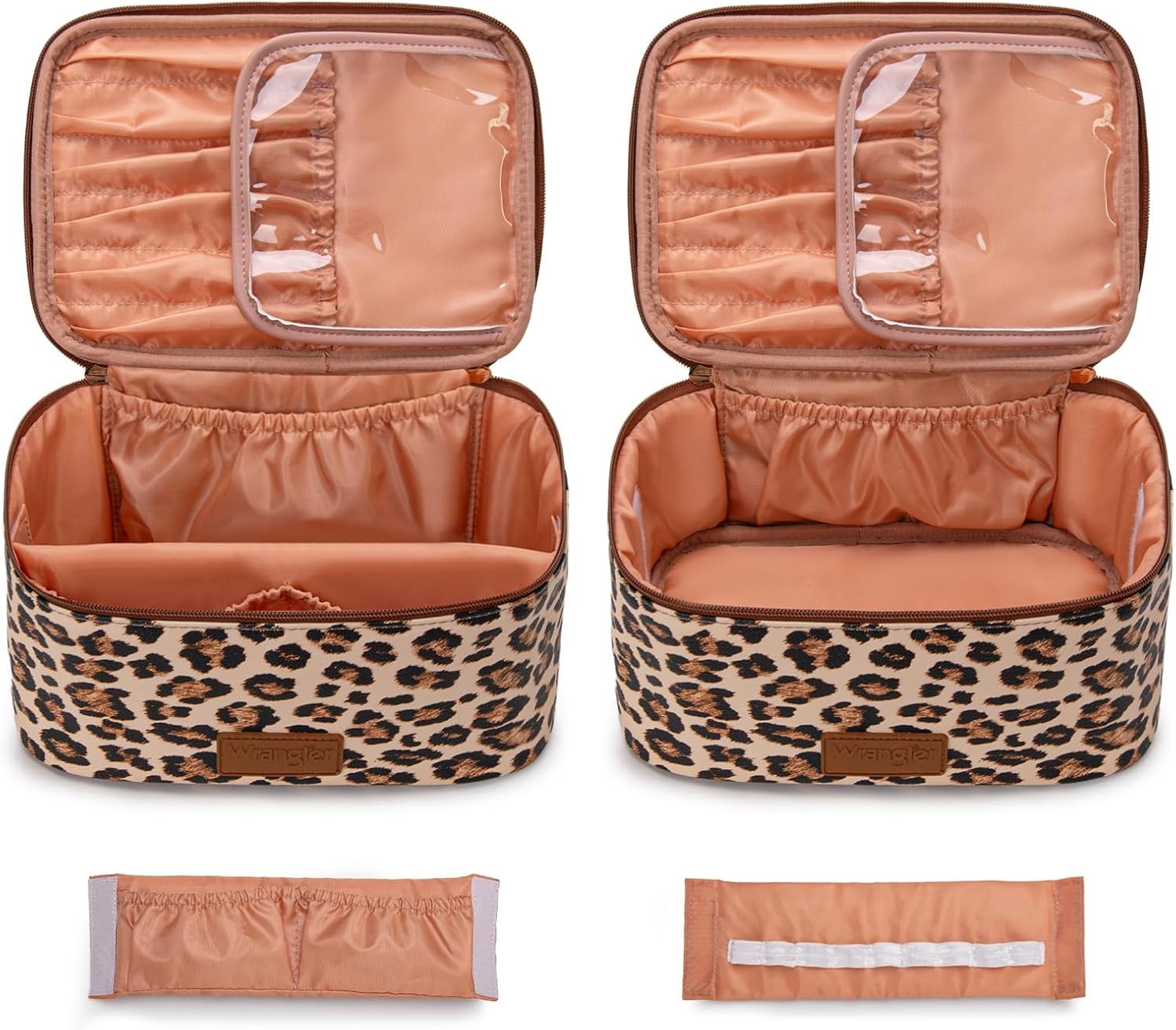 image:imageMontana West X Wrangler Travel Makeup Bag 2pcs Set Large Cosmetic Bag with Makeup Brush Holder Portable Make Up Organizer Cute Toiletry Bag with Divider and Handle for WomenLeopard