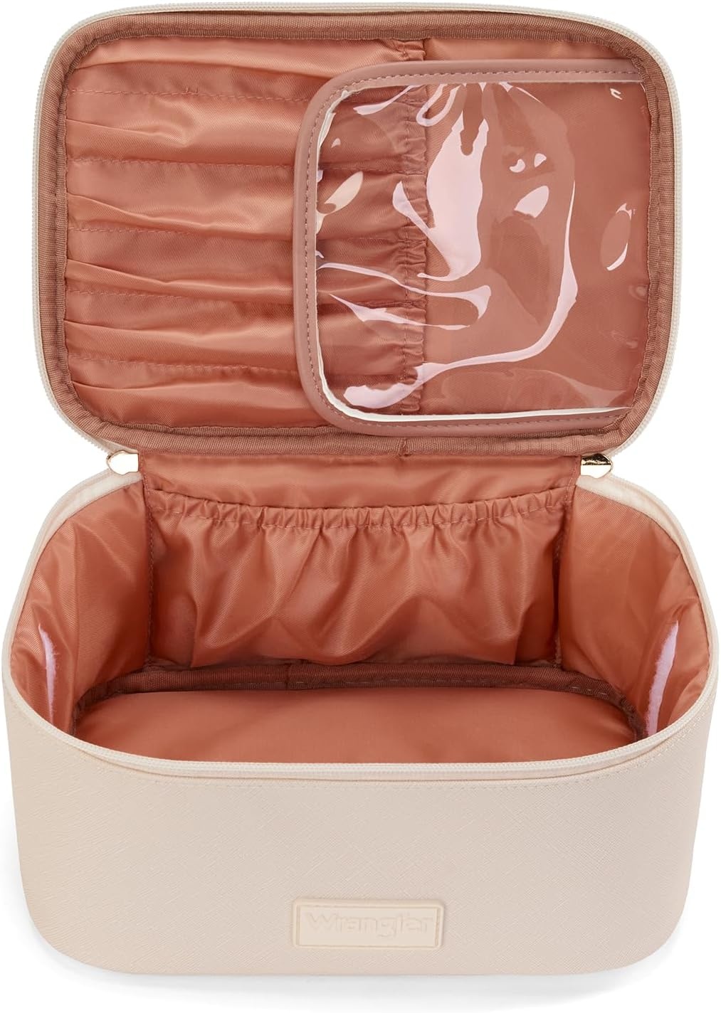image:imageMontana West X Wrangler Travel Makeup Bag 2pcs Set Large Cosmetic Bag with Makeup Brush Holder Portable Make Up Organizer Cute Toiletry Bag with Divider and Handle for WomenSolid Beige