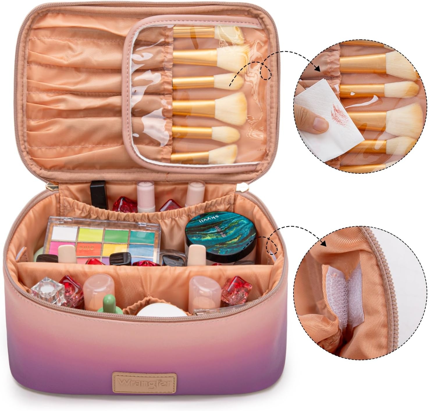image:imageMontana West X Wrangler Travel Makeup Bag 2pcs Set Large Cosmetic Bag with Makeup Brush Holder Portable Make Up Organizer Cute Toiletry Bag with Divider and Handle for WomenPurple