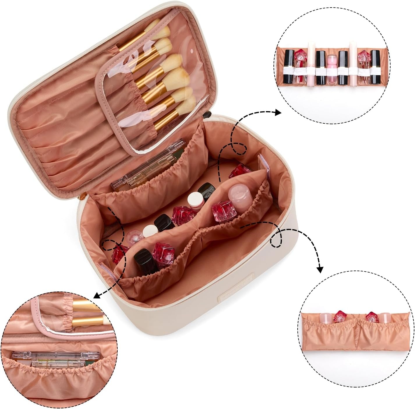 image:imageMontana West X Wrangler Travel Makeup Bag 2pcs Set Large Cosmetic Bag with Makeup Brush Holder Portable Make Up Organizer Cute Toiletry Bag with Divider and Handle for WomenSolid Beige