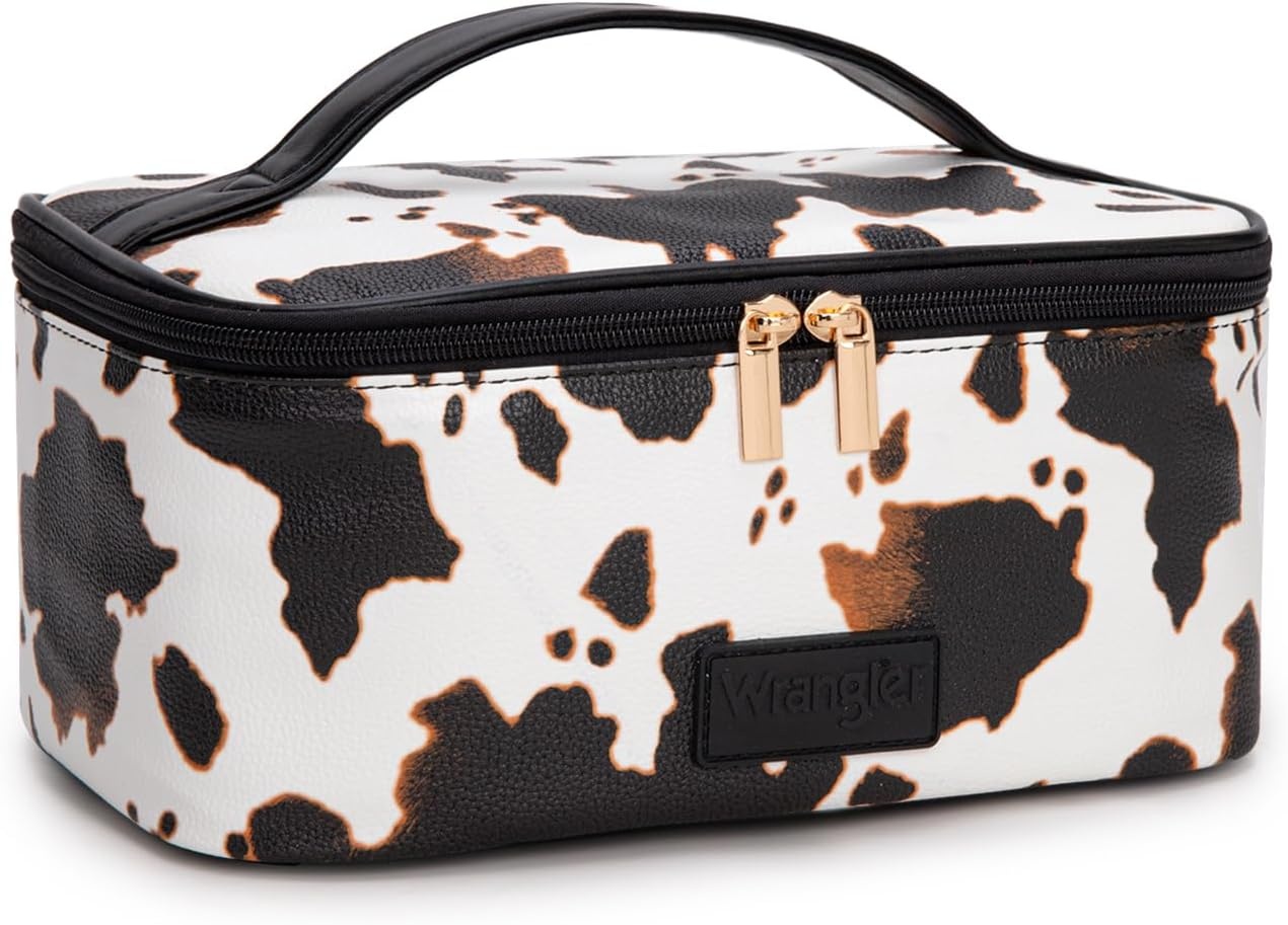 image:imageMontana West X Wrangler Travel Makeup Bag 2pcs Set Large Cosmetic Bag with Makeup Brush Holder Portable Make Up Organizer Cute Toiletry Bag with Divider and Handle for WomenCowBrown